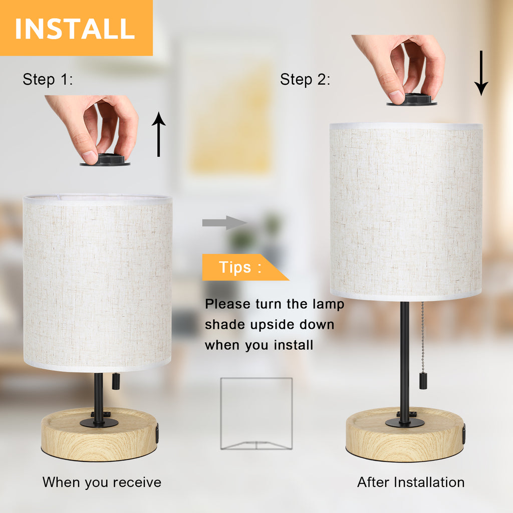 Multifunctional Wood Base USB Bedside Lamp， Table Lamp with Dual USB Ports and AC Outlet.