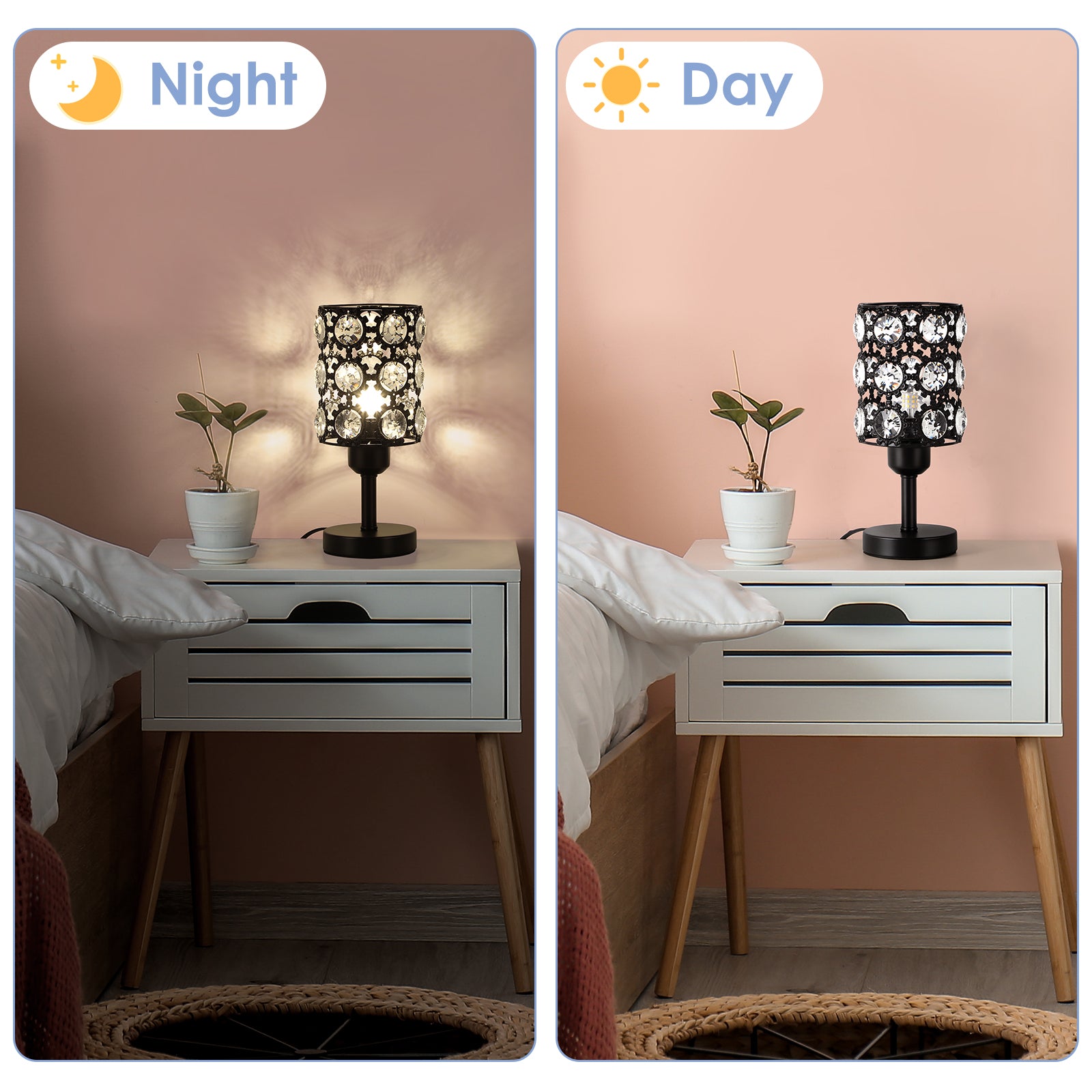 Set of 2 Crystal Bedside Lamp Small Crystal Table Lamp Black Crystal Lamps with Sunflower Diamond for Living Room Bedroom Nightstand Reading Room