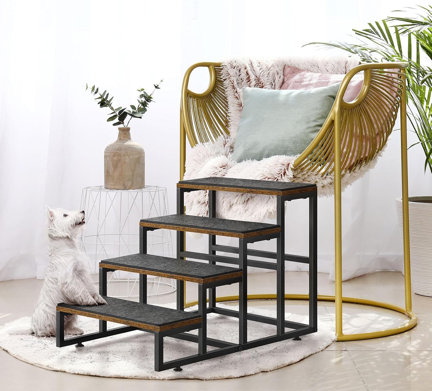 4-Step Pet Stairs for High Beds - Dog Stairs/Steps for Small to Medium Dogs, Cats & Puppies, Brown