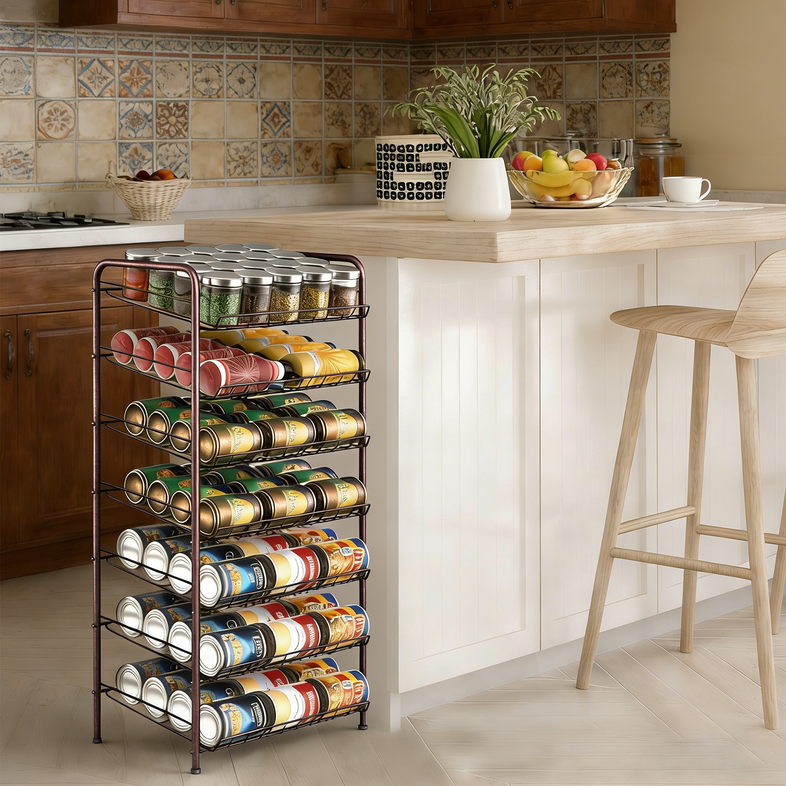 7-Tier Can Dispenser Rack - Rustic Brown Pantry Organizer Holds up to 84 Cans
