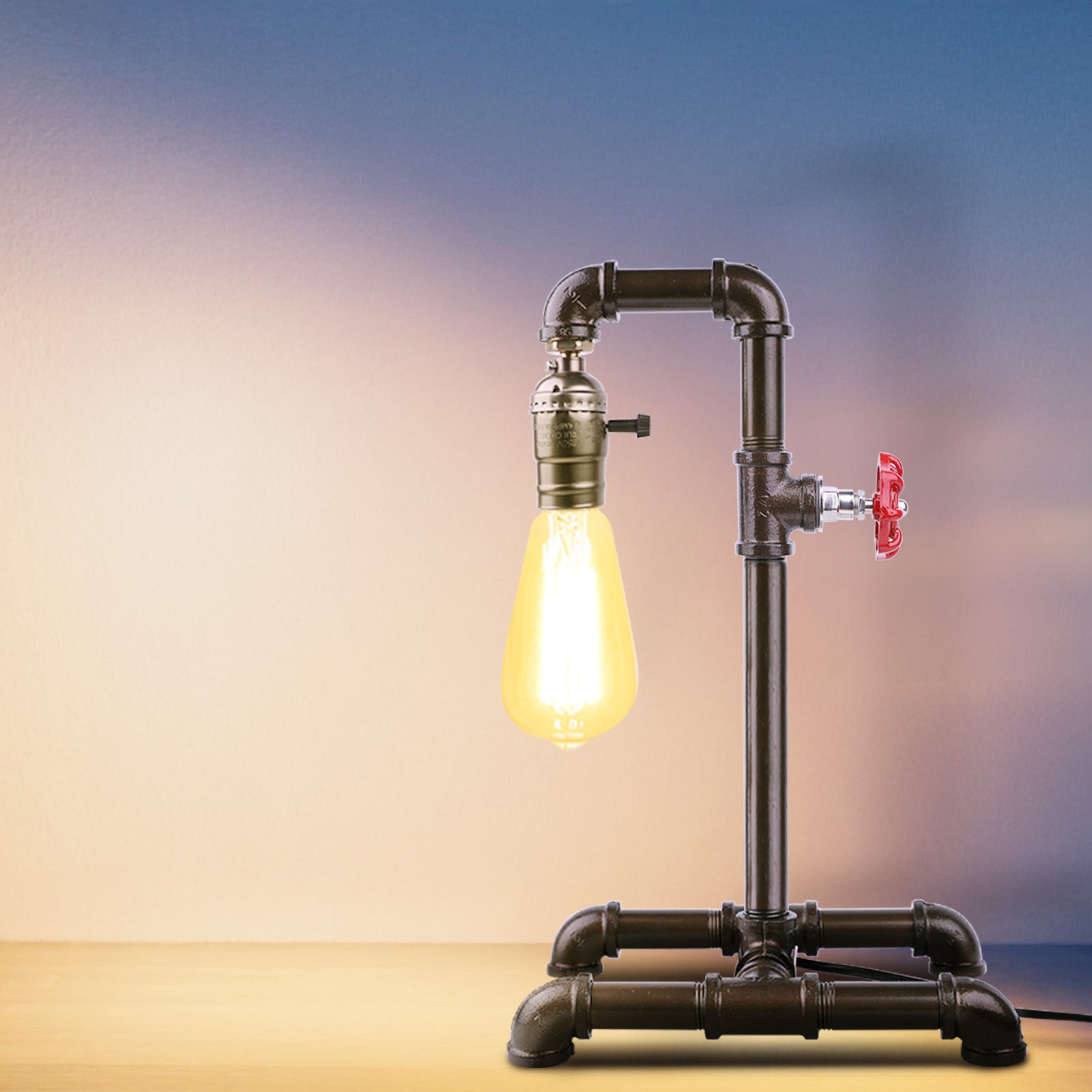 Retro Bronze Water Pipe Table Lamp with Red Valve， Steampunk Industrial Desk Lamp for Loft and Cafe Decor.