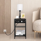 Set of 2 End Tables with Charging Station, 3-Tier Side Table with USB Ports and Power Outlets, Small Bedside Table Nightstand for Living Room and Bedroom, Industrial Steel Frame, Black