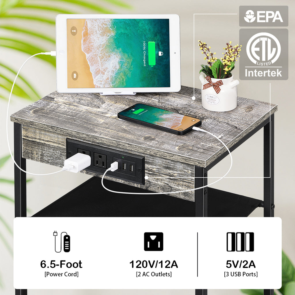 Set of 2 Nightstands with Charging Station, 3-Tier Narrow End Table with USB & Outlets for Bedroom, Gray,