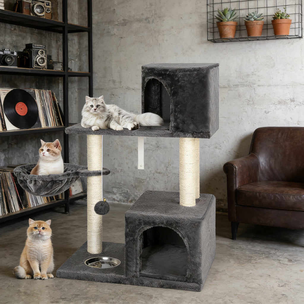 37'' Multi-Level Cat Tree Condo - Plush Activity Center with Scratching Posts, Hammock, and Feeding Bowl