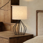 Rustic Bedside Table Lamp with Metal Hollowed - out Base and Vintage Fabric Linen Lampshade - Ideal for Reading in Office, Bedroom, Living Room
