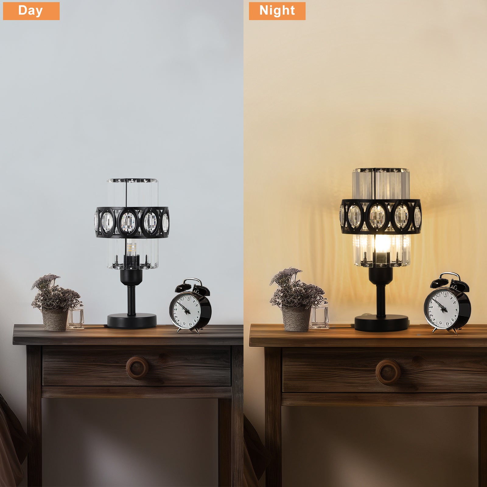 Set of 2 Sophisticated Crystal Nightstand Lights with Sleek Dark Bases, Contemporary Decorative Lighting for Sleep Areas and Shared Living Spaces