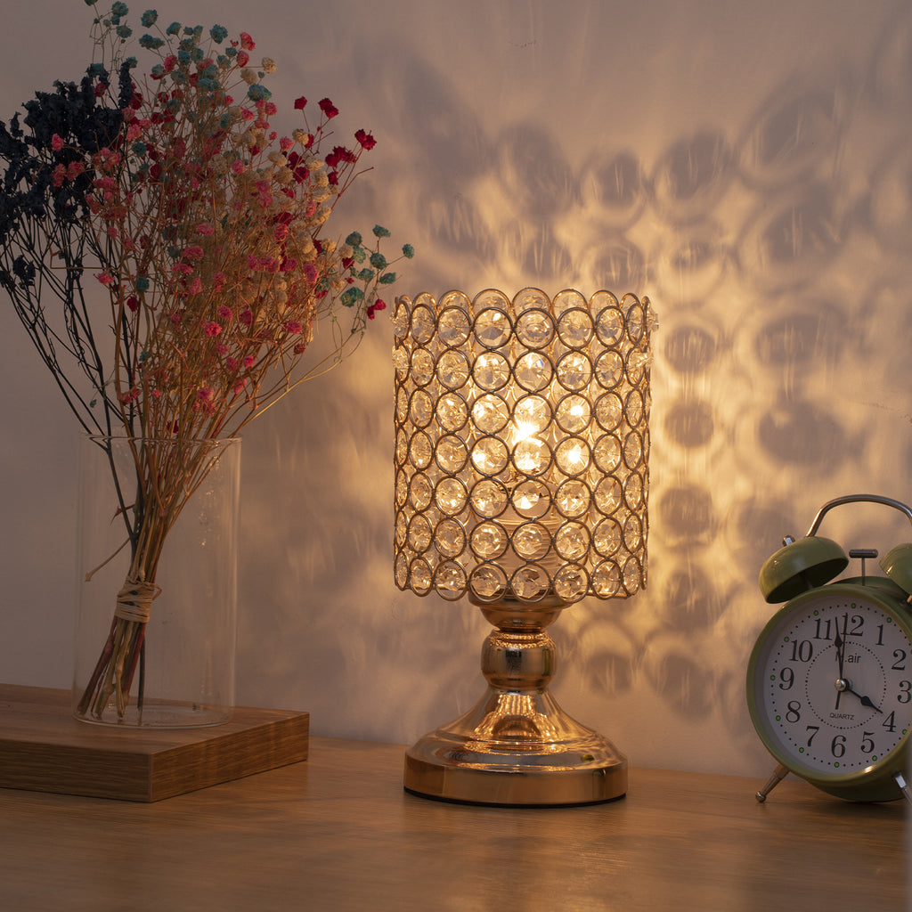 Elegant Small Crystal Gold Desk Lamp, Modern Bedside Nightstand Lamp for Kids' Room & Living Room