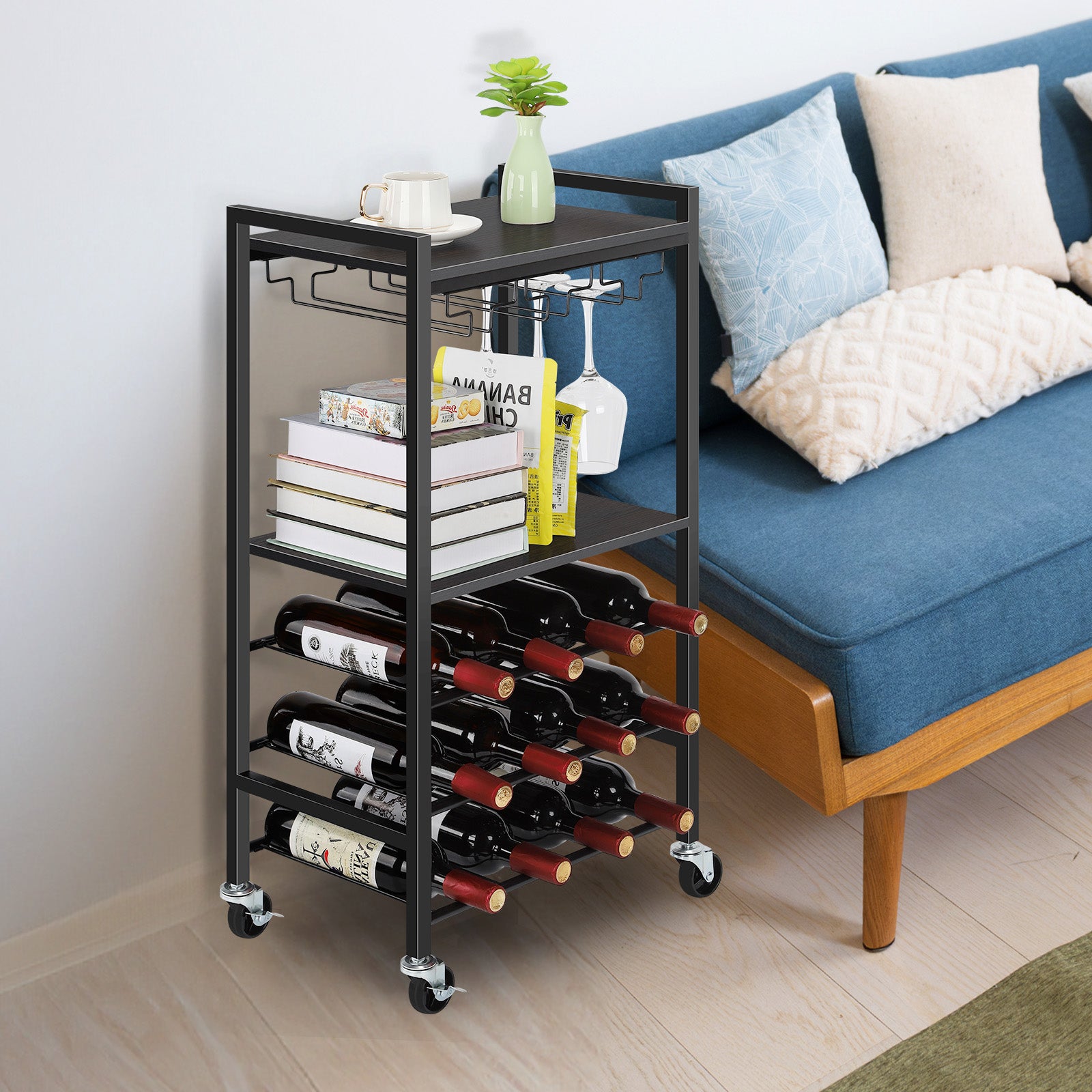 Compact Mobile Wine Bar and Beverage Cart with Glassware Racks and Integrated Bottle Storage for Kitchen and Dining Areas