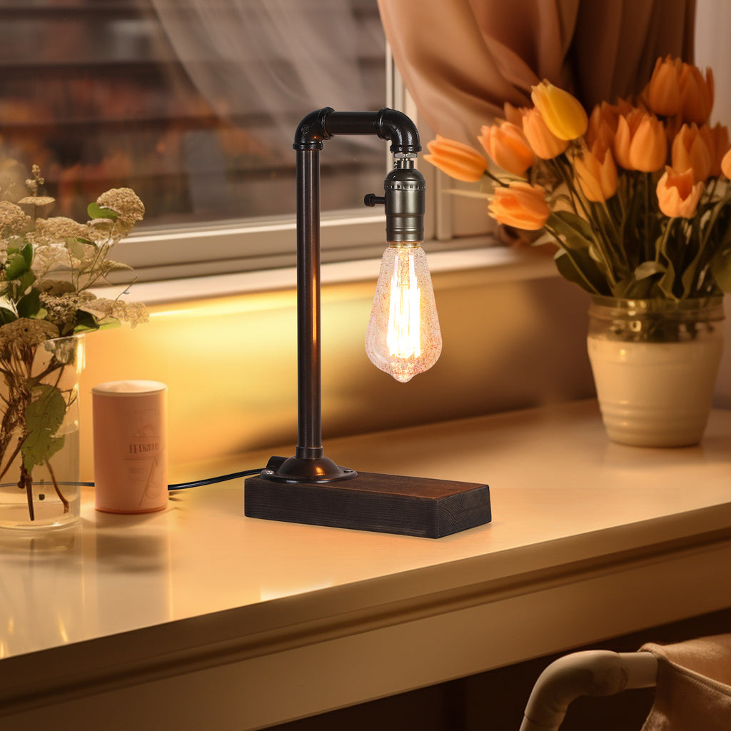 Industrial Arched Pipe Table Lamp Set with Wood Base (Set of 2)，Retro Steampunk Edison Desk Lights.