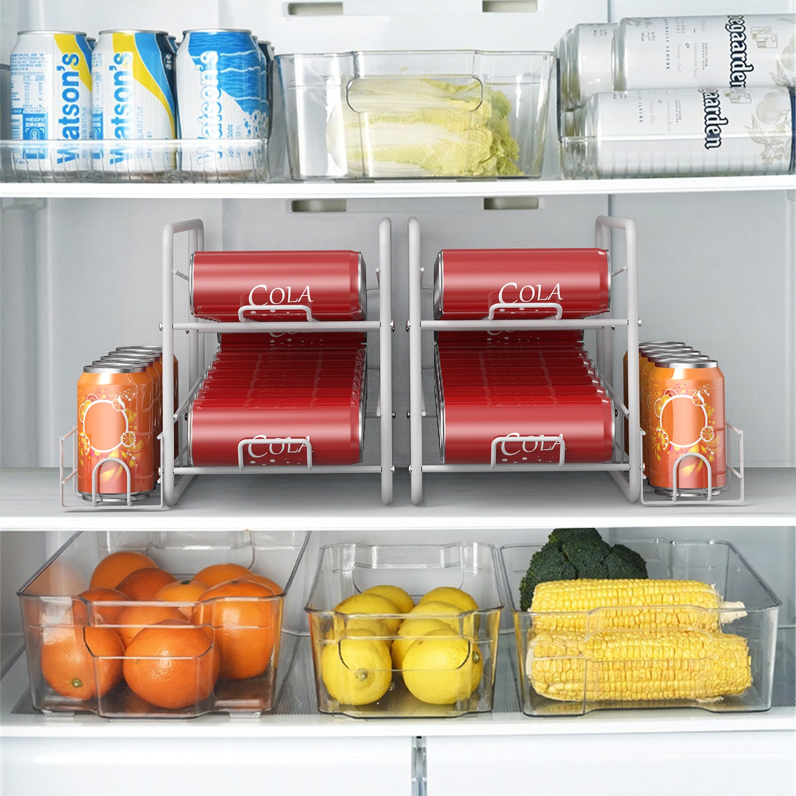 Auto Rolling Stackable Metal Can Dispenser Rack, White 2-Tier Soda Can Storage Organizer, Anti-Roll Design Fits 12oz/16oz Soda, Beer, Sparkling Water for Fridge, Counter, Pantry