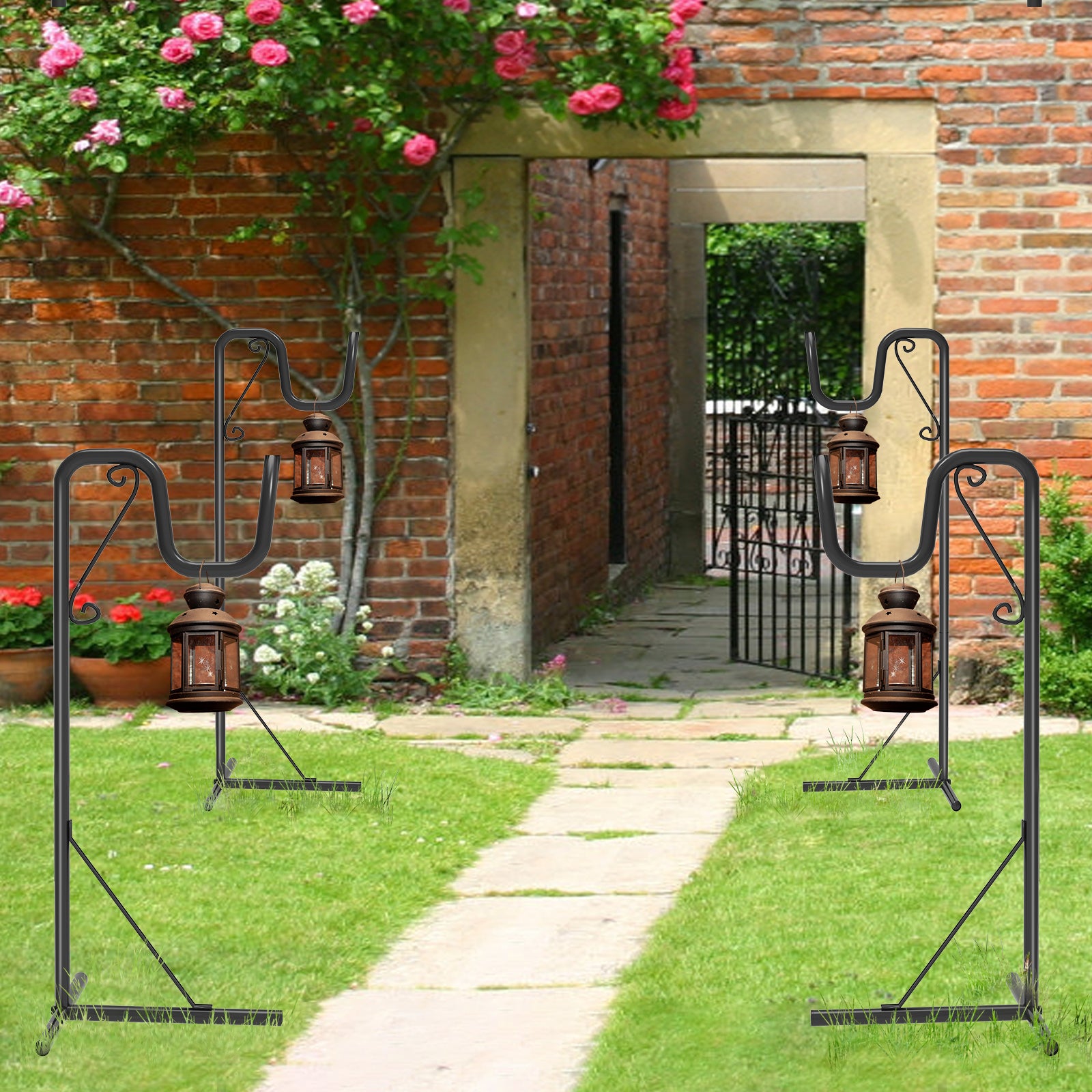 2-Pack 92-Inch Adjustable Shepherd Hooks - Heavy Duty Outdoor Garden Plant Hangers - Metal Bird Feeder Pole with 3-Prong Base for Lanterns
