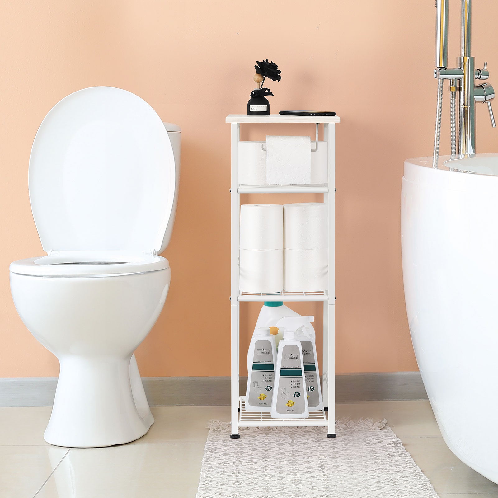4-Tier Metal Towel and Storage Rack, Freestanding Small Shelf Unit for Bathroom and Living Room, White Finish