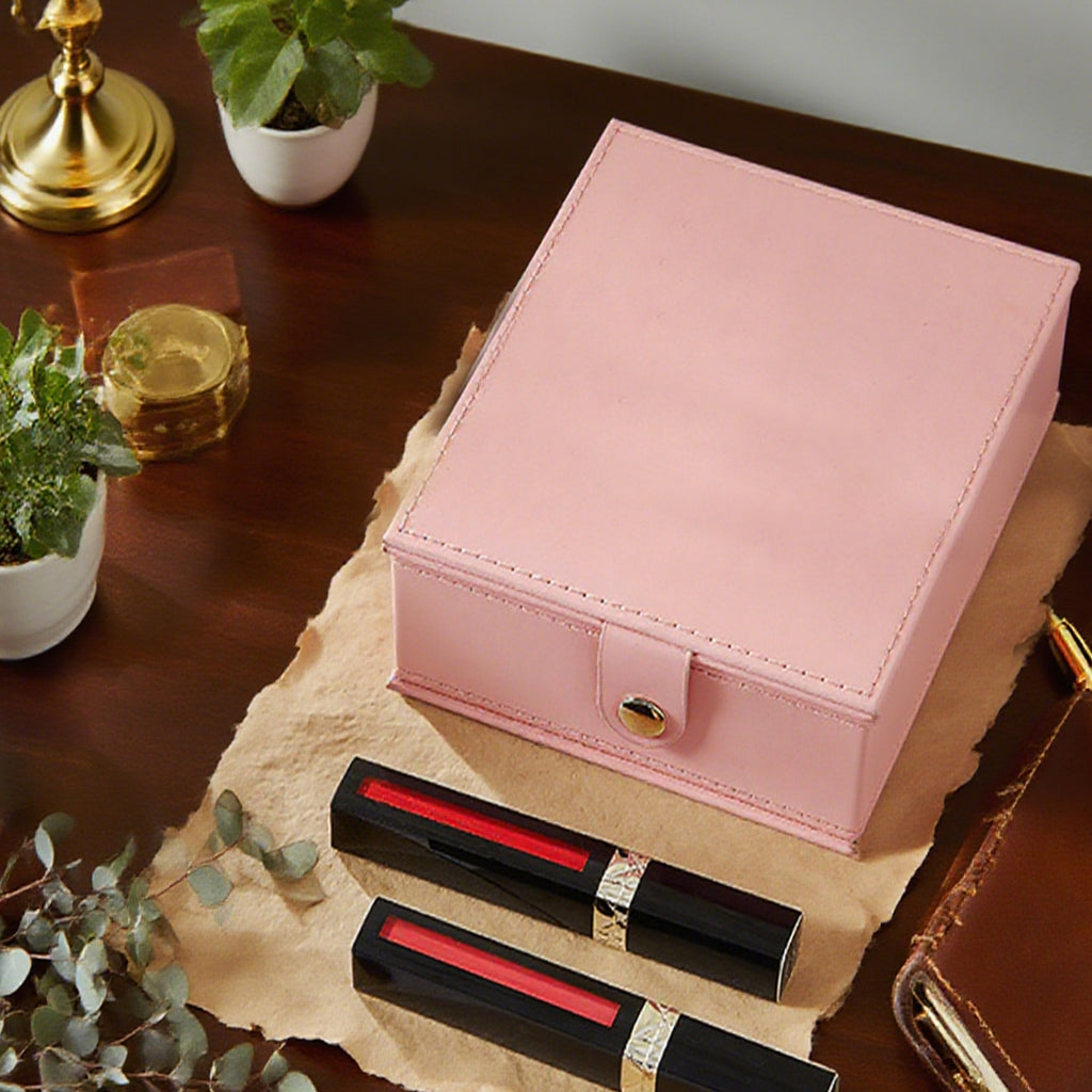 Pink PU Leather Jewelry Organizer with Built-in Mirror - Stylish Countertop Display Box for Vanity