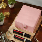 Pink PU Leather Jewelry Organizer with Built-in Mirror - Stylish Countertop Display Box for Vanity