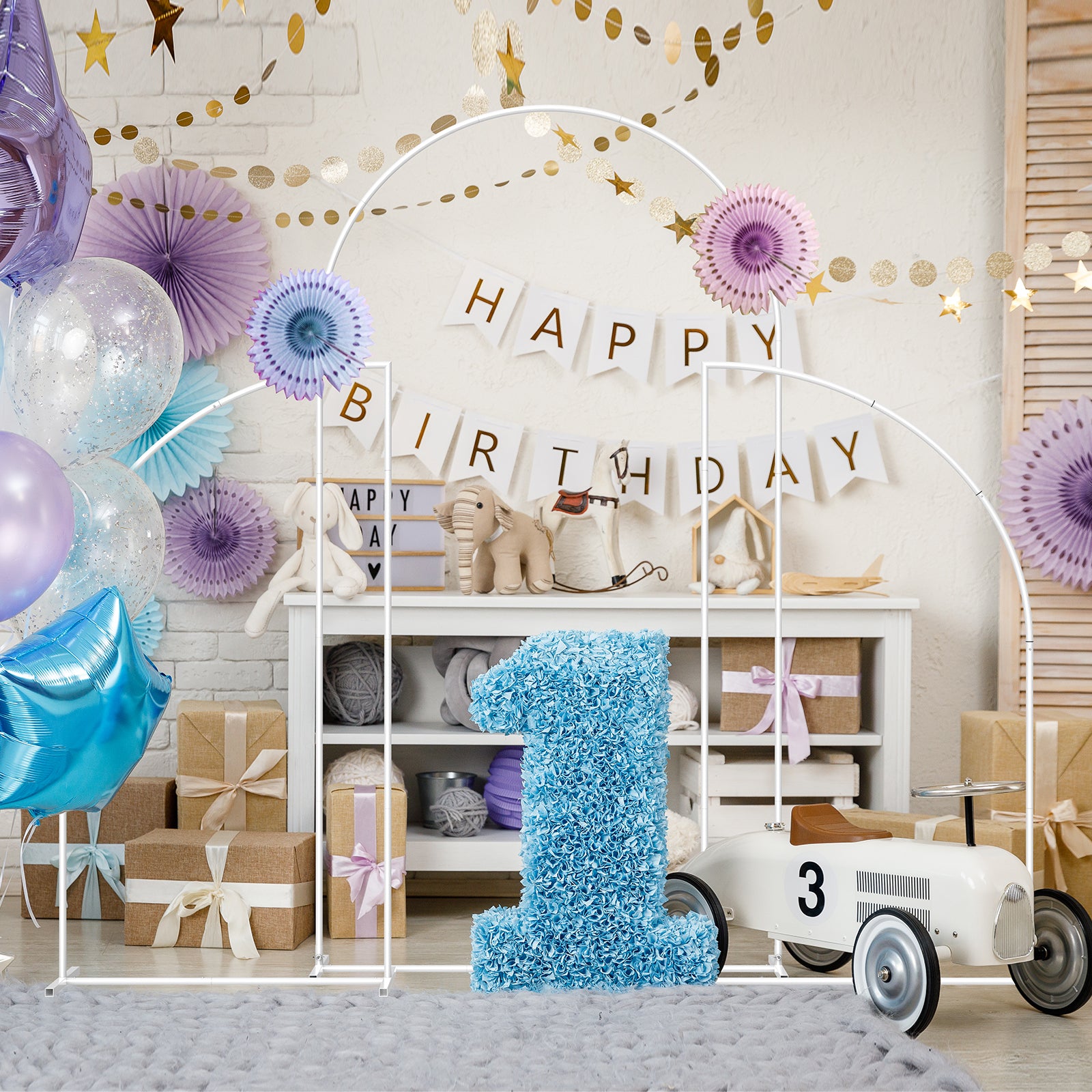 Set of 3 Metal Arch Backdrop Stand, 7.2FT & 2PCS 5FT White Arched Wedding Arch Frame, Heavy Duty Round Pipe Balloon Flower Arch Stand for Wedding Birthday Baby Shower Graduation Ceremony Party Decor