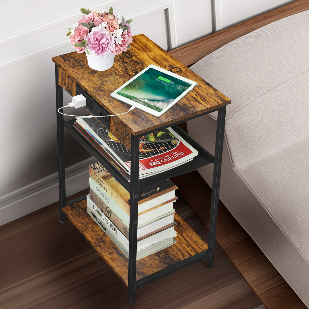 Rustic Brown 3-Tier Side Table with Power Outlets and USB Ports, Compact Bedside Nightstand for Bedroom and Living Room