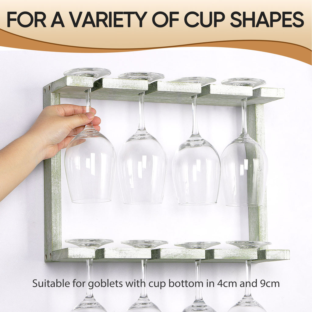 Wine Glass Rack Wall Mounted with Wood 2-Tier Champagne Holder Wall Stemware Storage Rack Set of 2 Hanging Goblet Holder Shelf for Bar, Kitchen, 16 Wine Glass Organizer, Olive Green