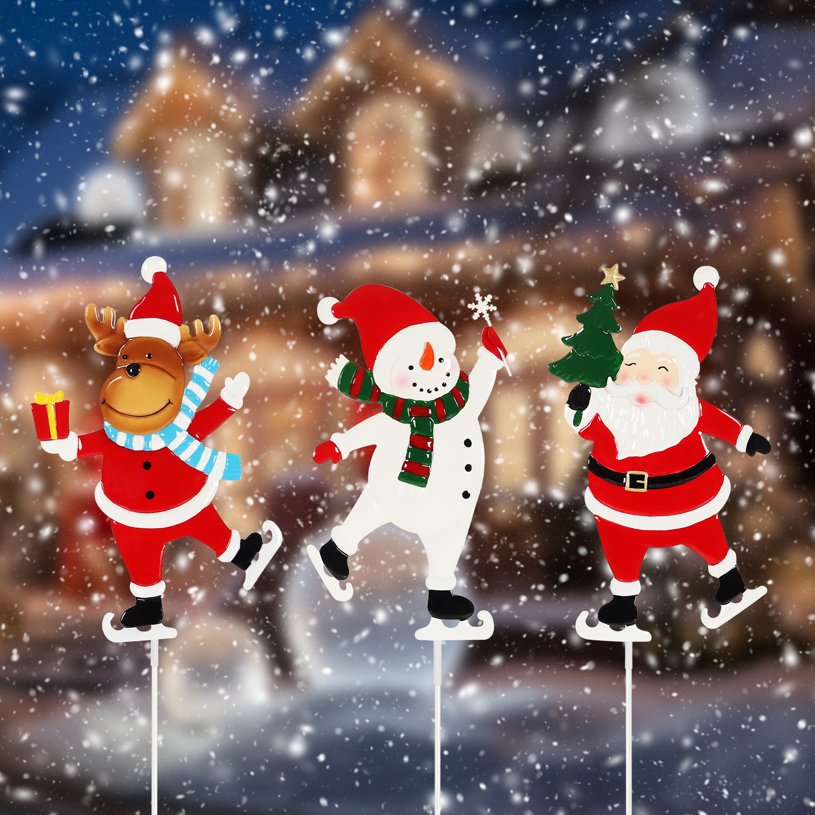 Solar Christmas Yard Stakes, 3-Pack - Metal Santa, Snowman & Reindeer Garden Lights for Path & Lawn