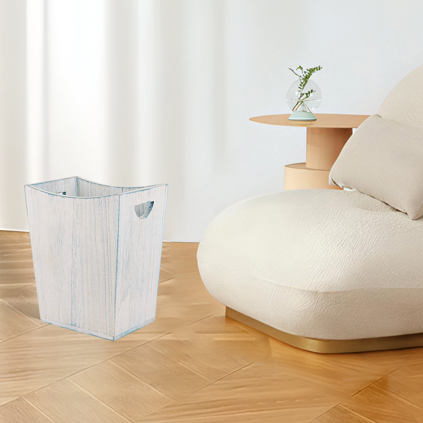 Rustic Blue and White Wood Wastebasket - Farmhouse Style Torched Timber Garbage Bin for Home and Office