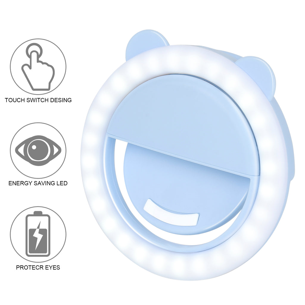 Bear Ear Selfie Ring Light - Portable Clip-on LED Fill Light - USB Rechargeable with 3 Brightness Levels,