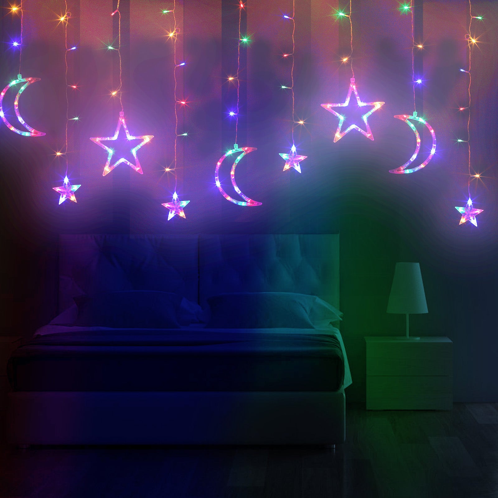 Solar Star Moon String Lights, 11.5 FT 138 LEDs Window Lights with 8 Lighting Modes and Remote Control, Indoor Outdoor Night Light for Christmas, Halloween Decoration