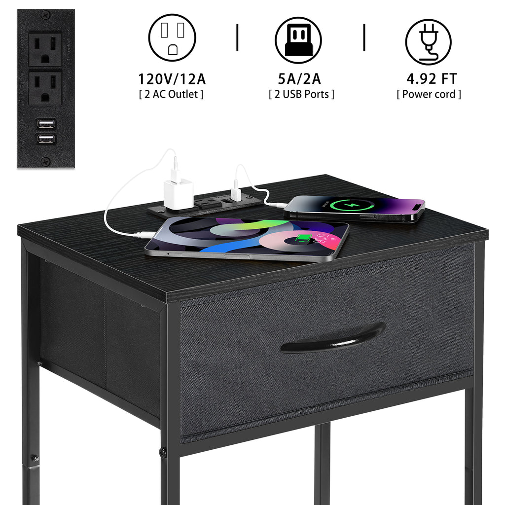 2-Pack Nightstands with Charging Station -Small Bedside Tables with Fabric Drawer for Bedroom