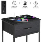 2-Pack Nightstands with Charging Station -Small Bedside Tables with Fabric Drawer for Bedroom