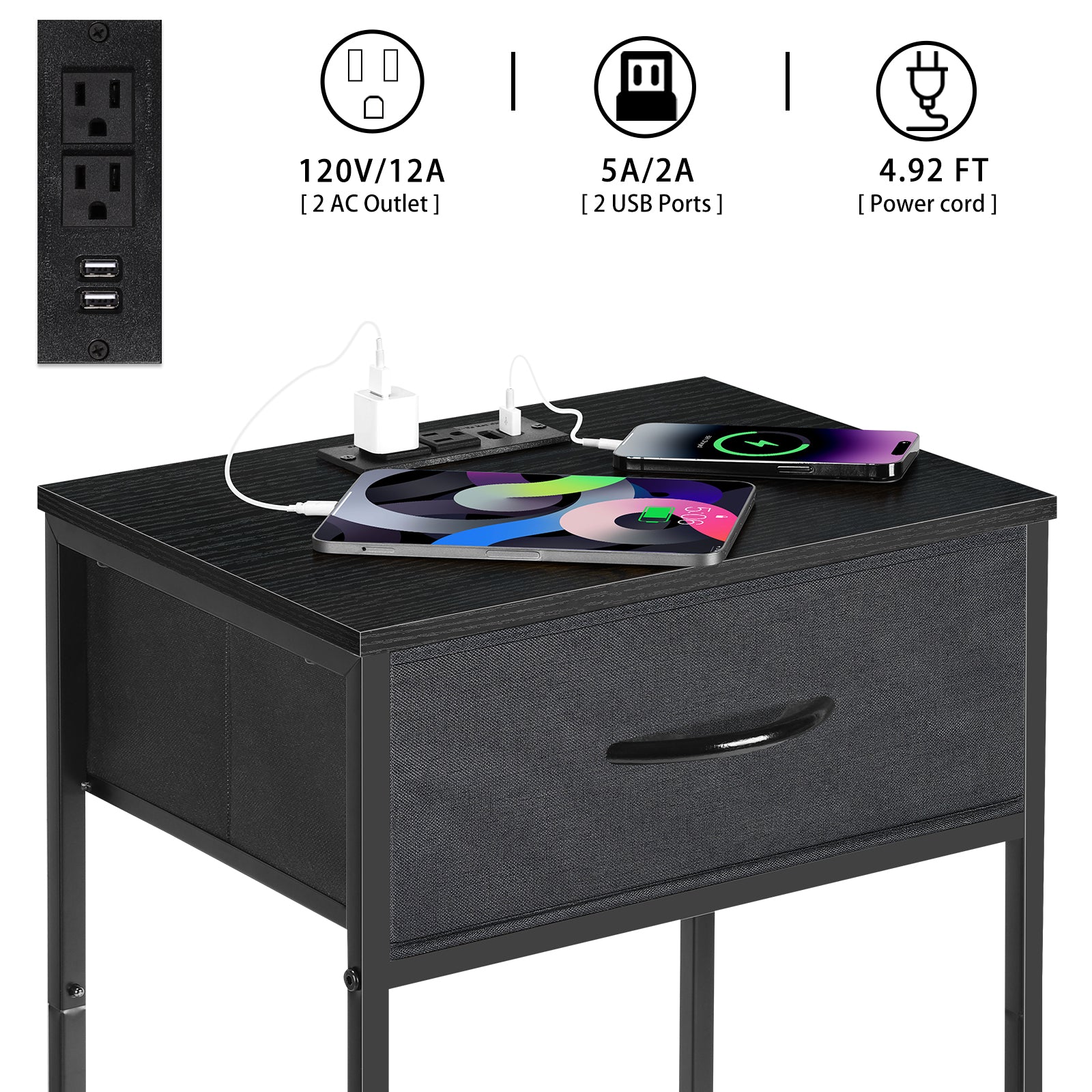 2-Pack Nightstands with Charging Station -Small Bedside Tables with Fabric Drawer for Bedroom