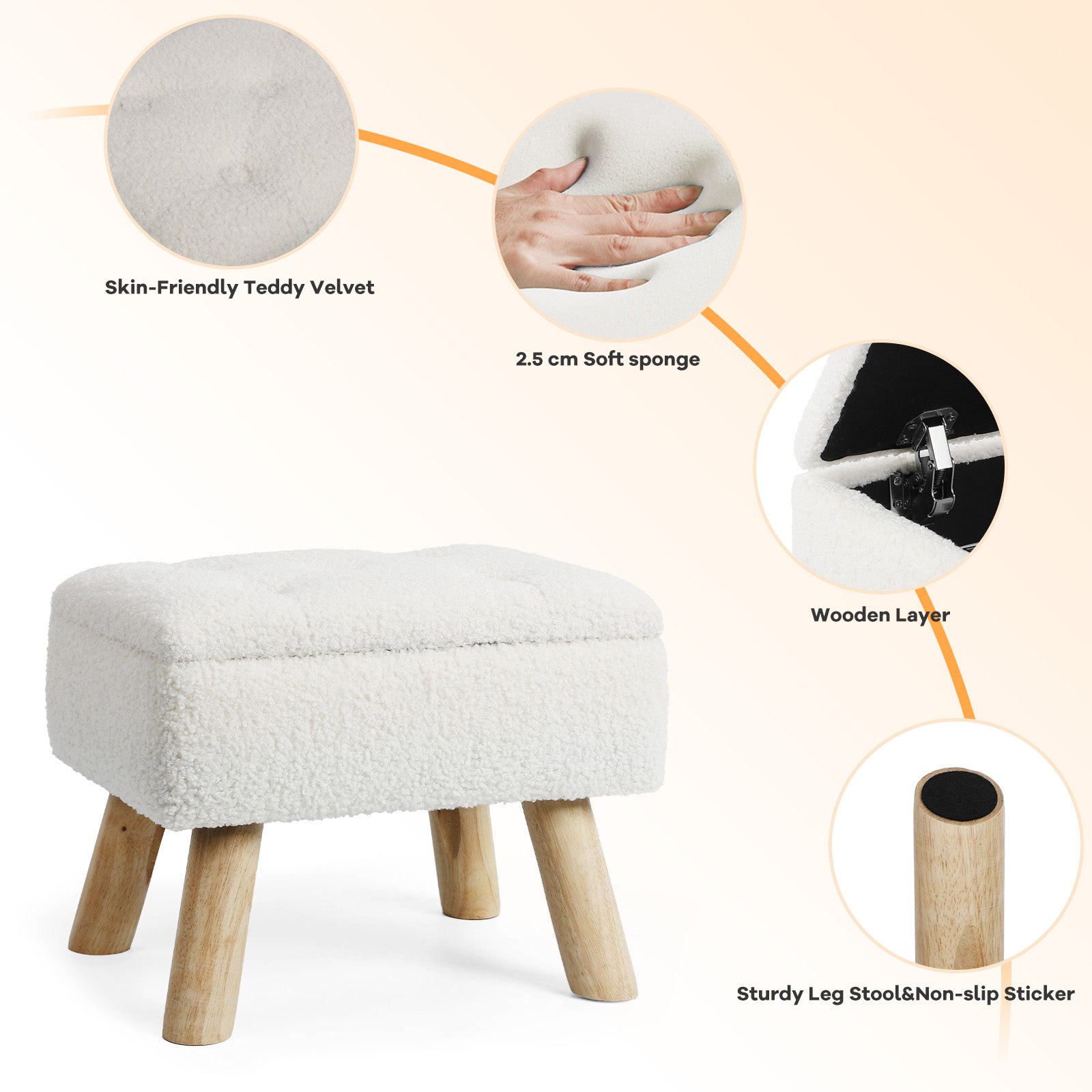 Cozy BouclÃ© Storage Ottoman | Chic Teddy Velvet Footstool with Natural Wood Legs