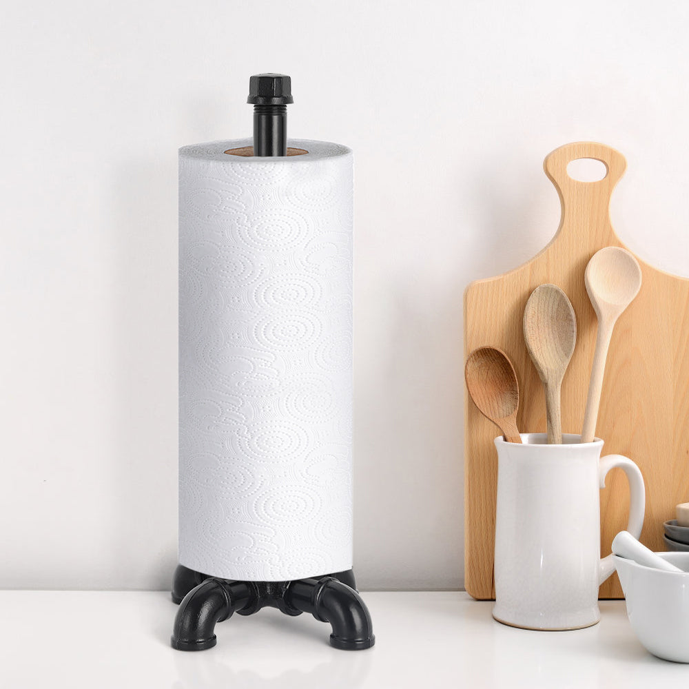 Industrial Pipe Countertop Paper Towel Stand - Rustic Black Iron Roll Dispenser for Kitchen and Bathroom