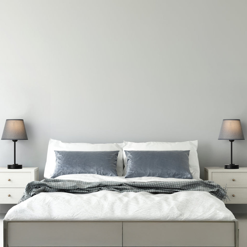 Set of 2 Contemporary Nightstand Lights with Integrated Dual USB Ports and AC Power Outlet, Ideal for Bedroom or Study, LED Bulbs Provided