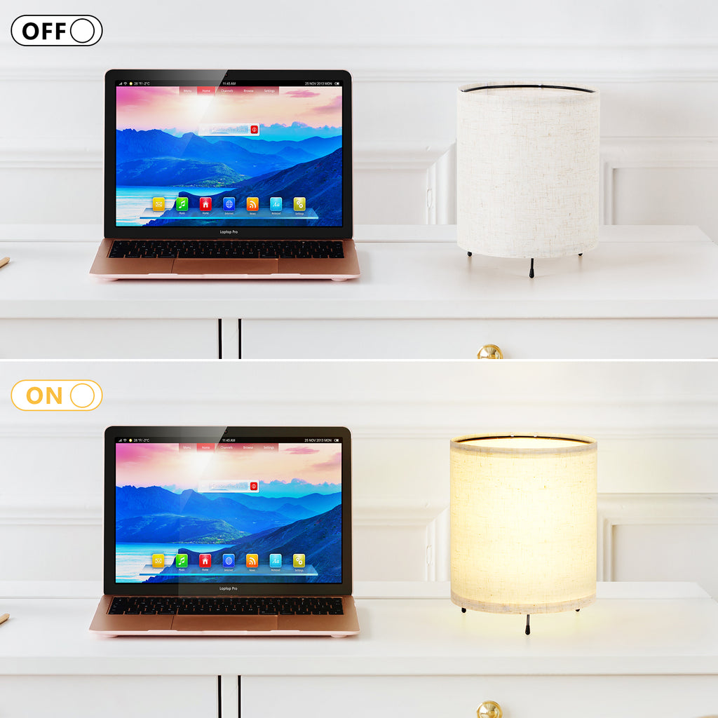 Minimalist Metal Base Nightstand Lamps (Set of 2)， Small Bedside Desk Lamps with Linen Shade.