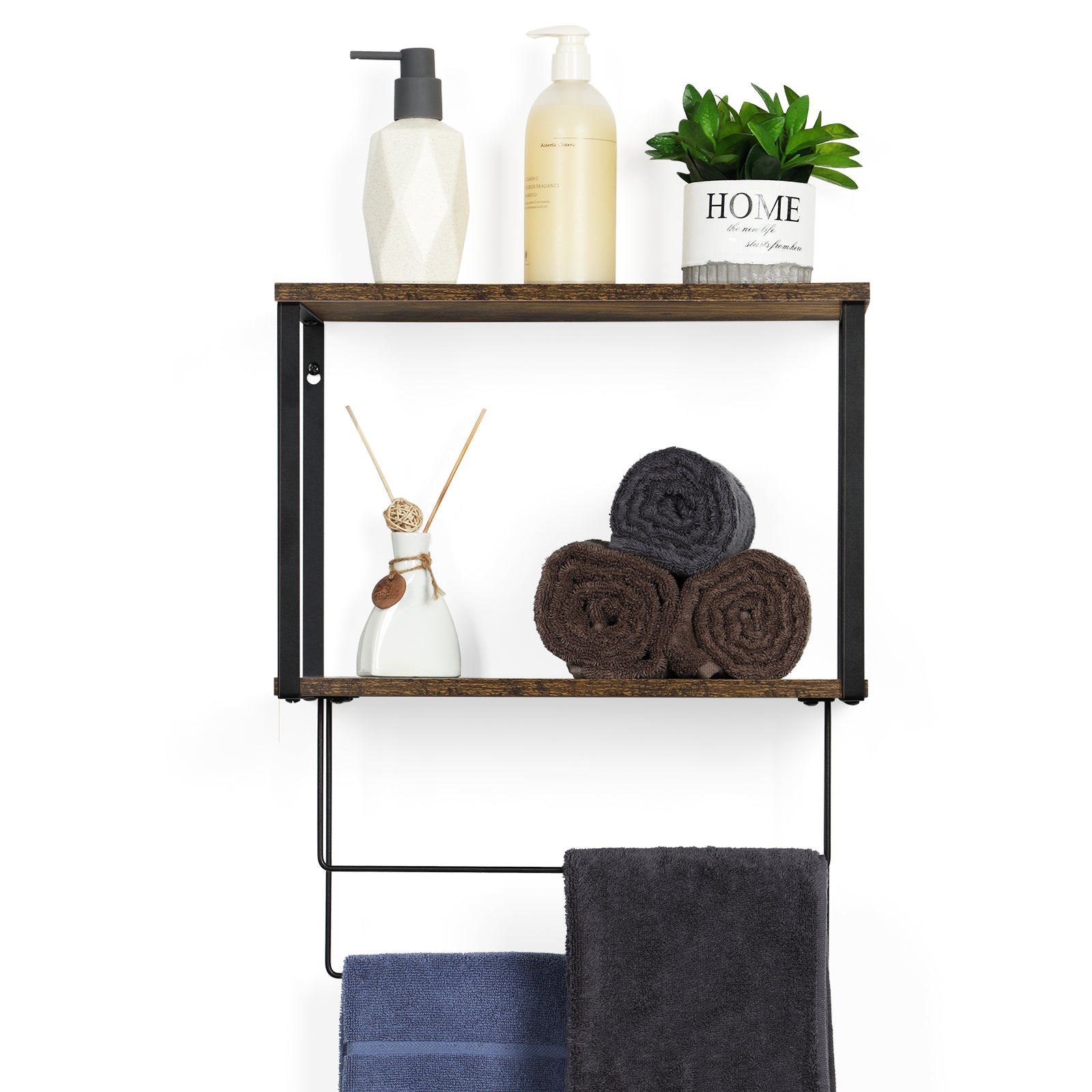 2-tier metal and wood storage rack with dual towel rods, wall-mounted towel rack, hanging storage shelf, multifunctional storage rack for hanging towels, bath towels, and clothes.
