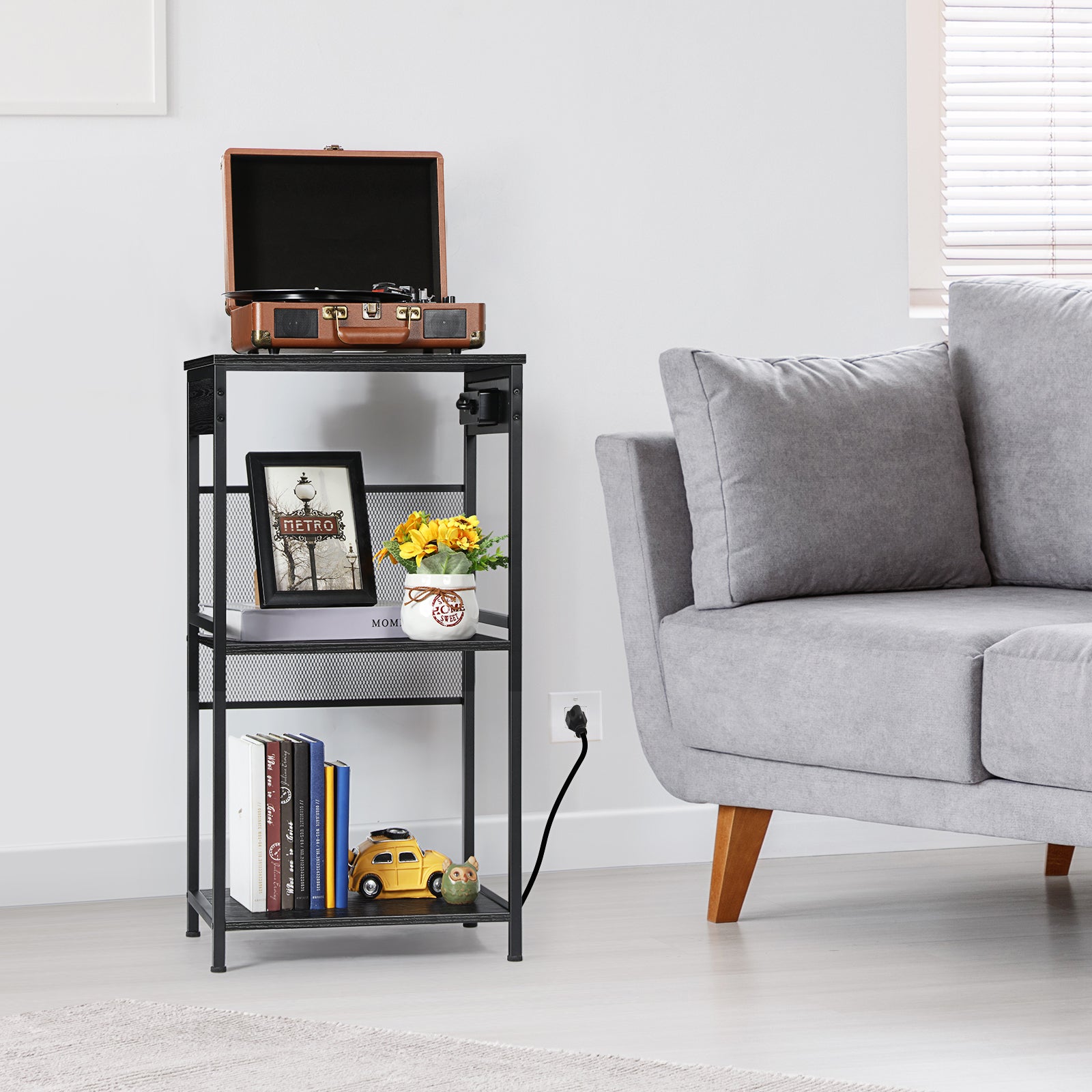 3-Tier Vinyl Storage Unit and Turntable Stand with Integrated Power Strip, 3 USB Ports, and 2 AC Outlets for Bedroom or Lounge, Black Wood Grain Finish