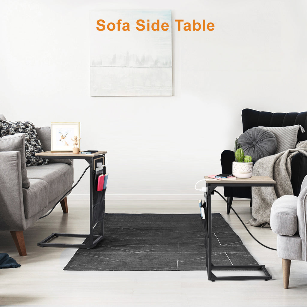 Set of 2 C-Shaped End Tables with Charging Station, Oak Side Tables for Couch & Sofa, Mobile Snack Tables for Bedroom,