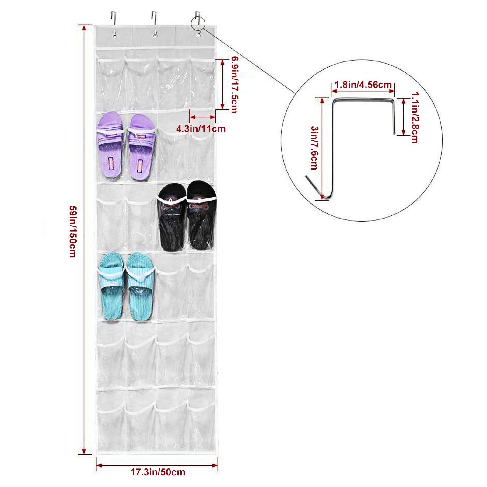 Clear Wall-Mount Pocket Organizer with Hooks, Multi-Purpose 24-Pocket Over-the-Door Hanging Storage Solution for Home and Office Organization