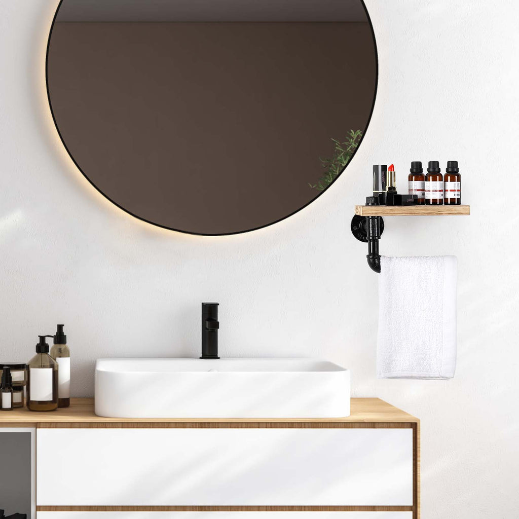 Industrial Cast Iron Pipe Tissue Holder with Rustic Wood Shelf， Wall-Mounted Decorative Bathroom Rack.