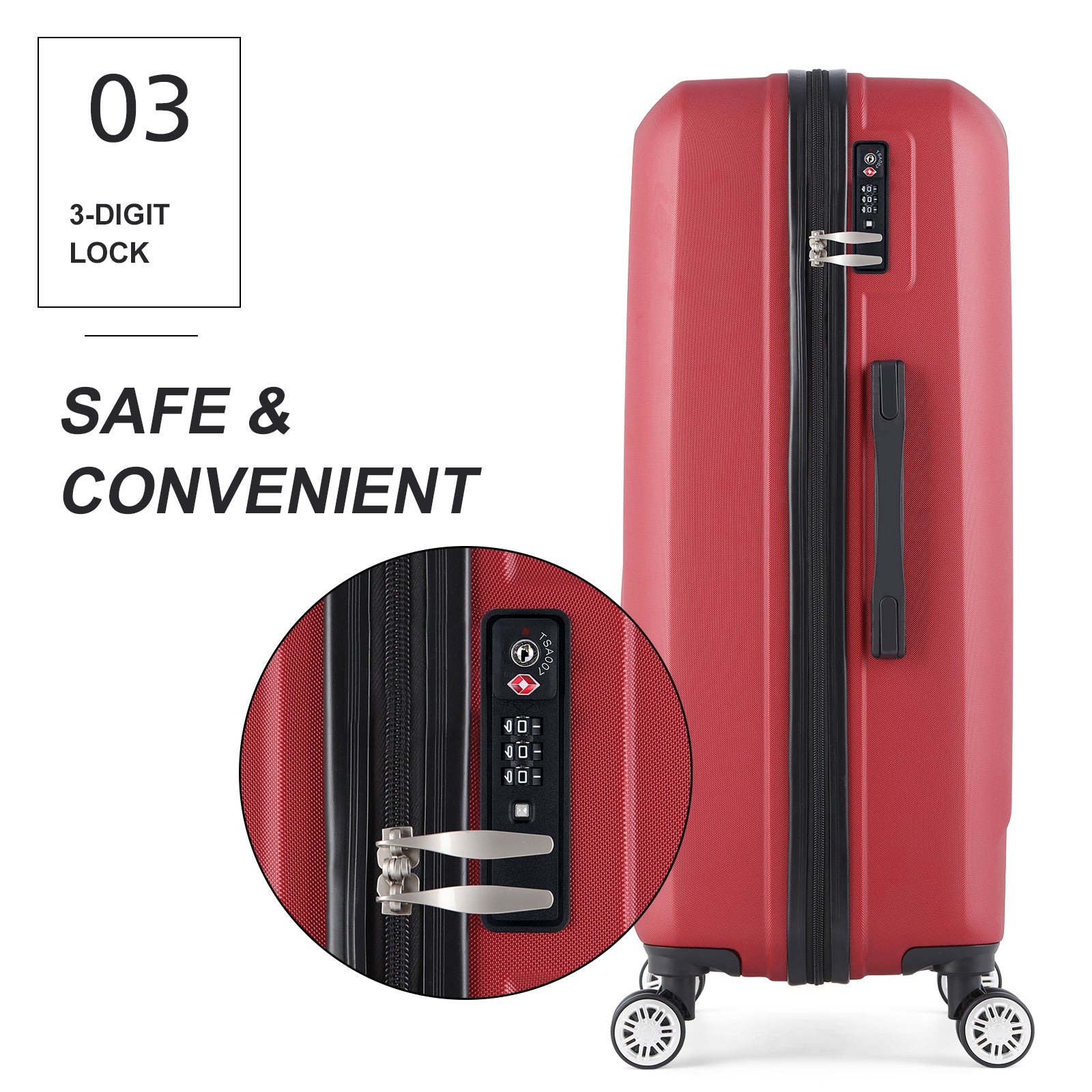 3 Piece Luggage Set, ABS Hardside Spinner Suitcases with TSA Lock, 20 /24/28 Inch Lightweight Travel Trolley Bags, Red