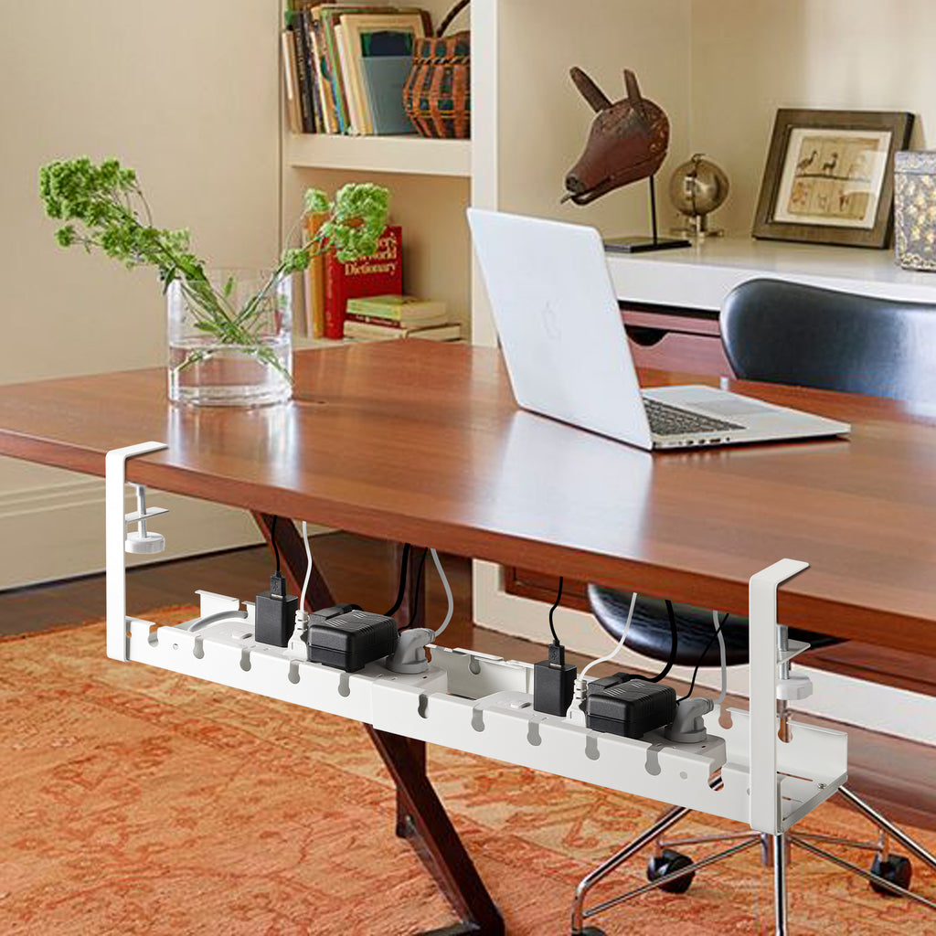 2 Pack Extendable Under Desk Cable Management Tray - No Drill Cord Organizer with Clamps