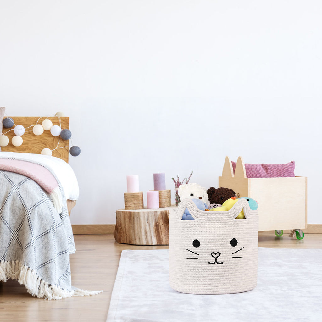 Bear Fox Cat Woven Cotton Rope Baskets, Baby Nursery Laundry Basket with Handle