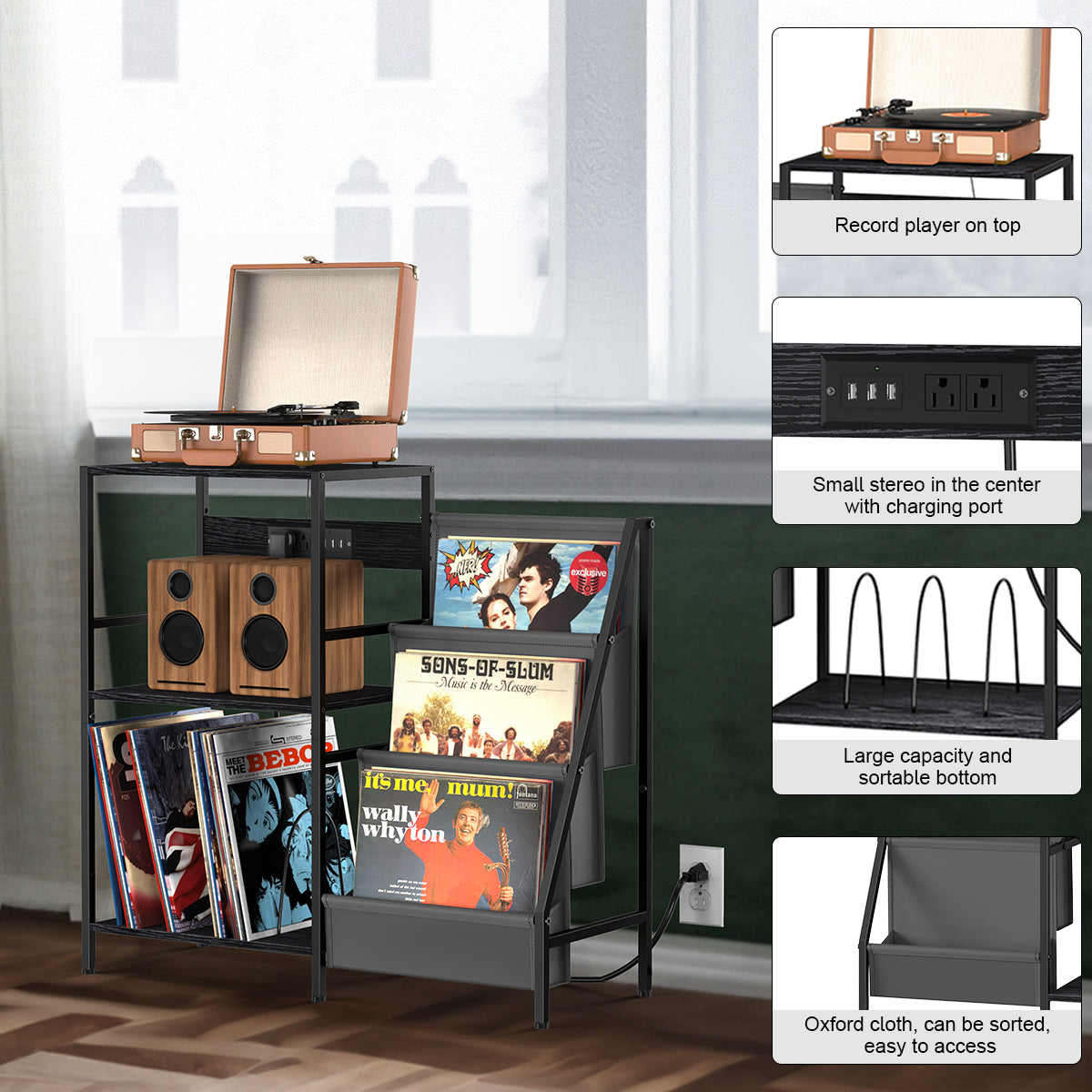 Record Player Table, Turntable Stand with 3-Tier Vinyl Record Storage, Record Player Stand with Charging Station, Vinyl Record Holder Cabinet, End Table Vinyl Records for Living Room, Black