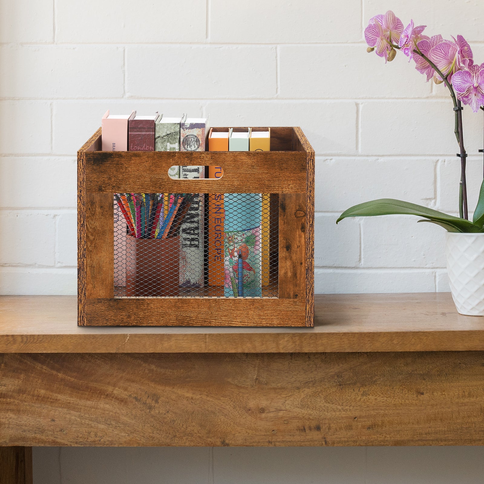 Vintage Wood Vinyl Record Storage Crate - Rustic Album Holder with Integrated Handles - Decorative Storage Case for Records, Books & Magazines