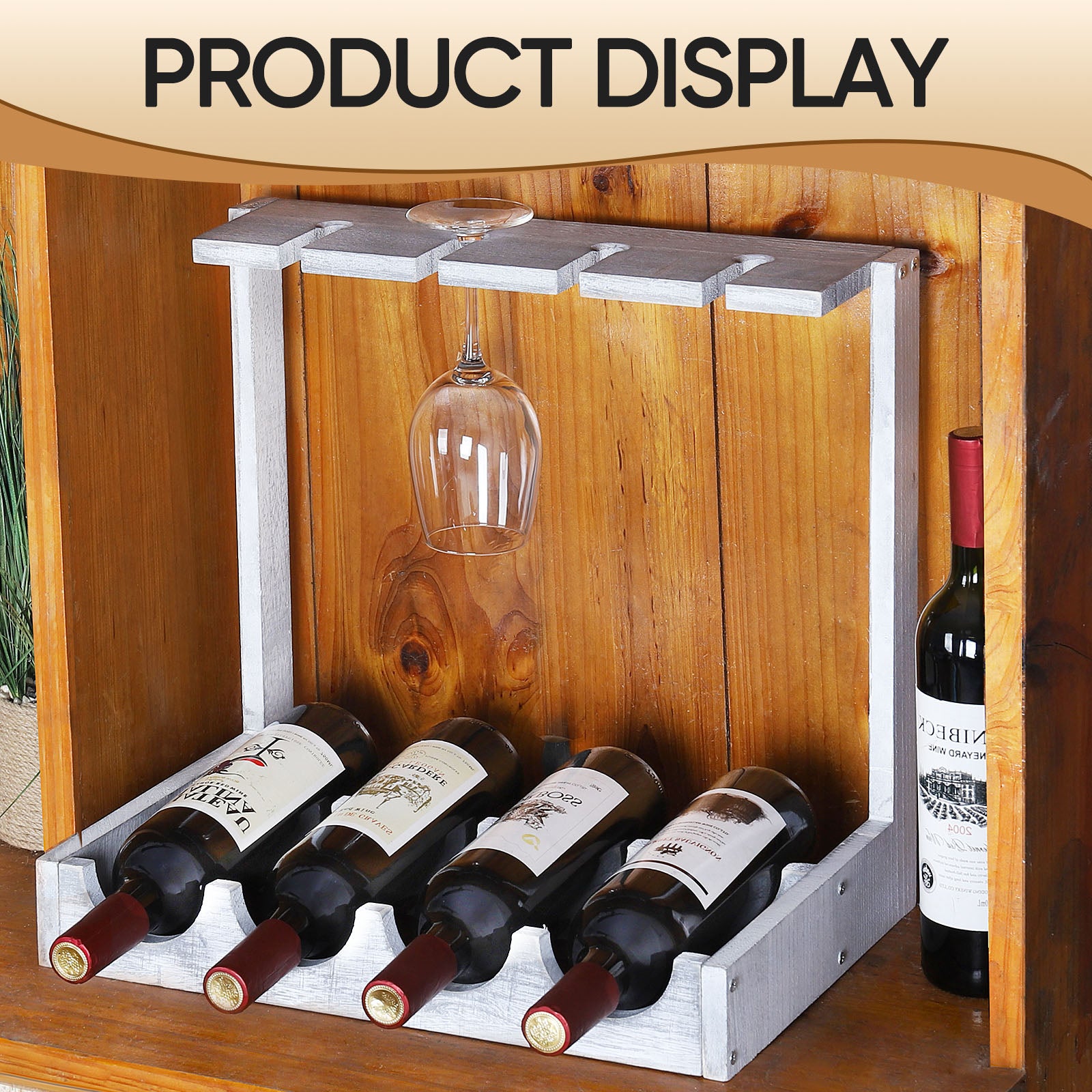 Wine glass holder, off-white tinge, table top, free-standing floor stand, countertop wooden wine glass holder, holds 4 glasses of wine and 4 glasses, small display stand
