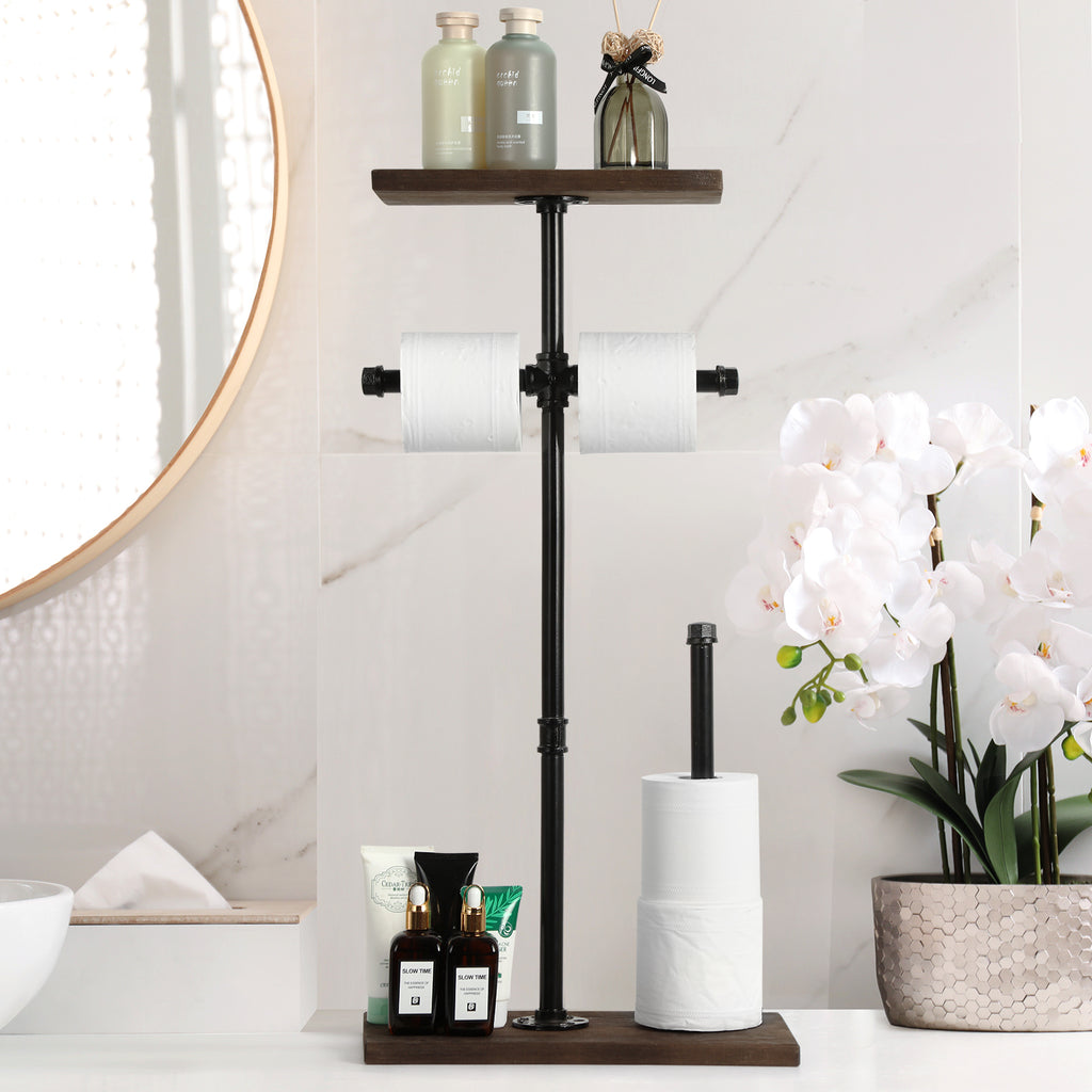 Freestanding Industrial Pipe Toilet Paper Holder with Wood Shelf, Double Roll Dispenser and Reserve Storage for Farmhouse Washroom,