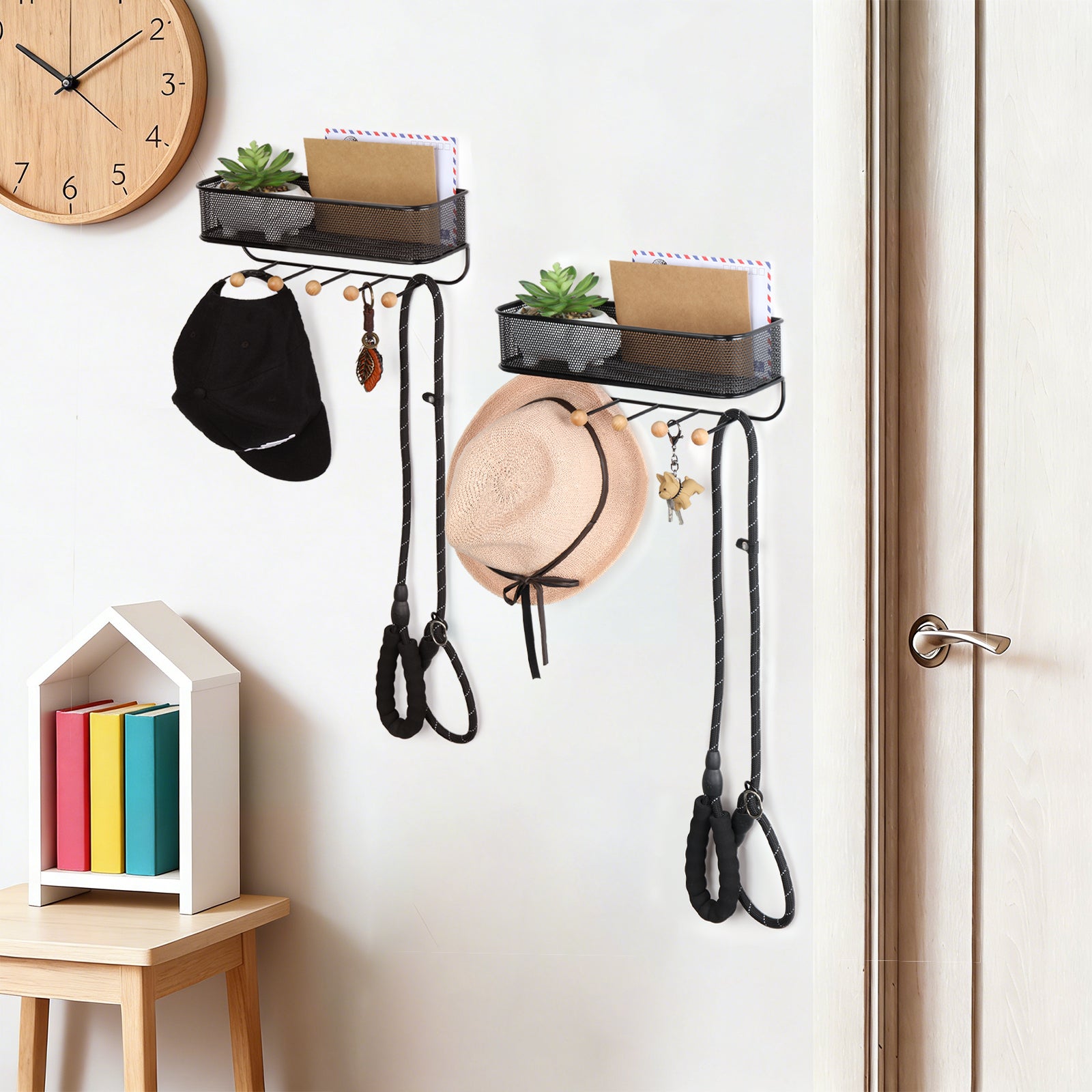 Decorative Wall Mail & Key Rack - 2 Pack Metal Basket Organizer with 5 Hooks for Entryway