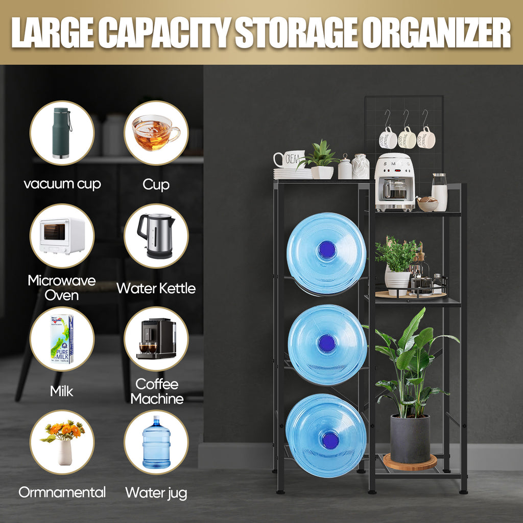 5 Gallon Water Jug Holder & Coffee Station - Heavy Duty 3-Jug Rack with 2-Tier Side Storage Shelves & Wood Top for Kitchen & Office