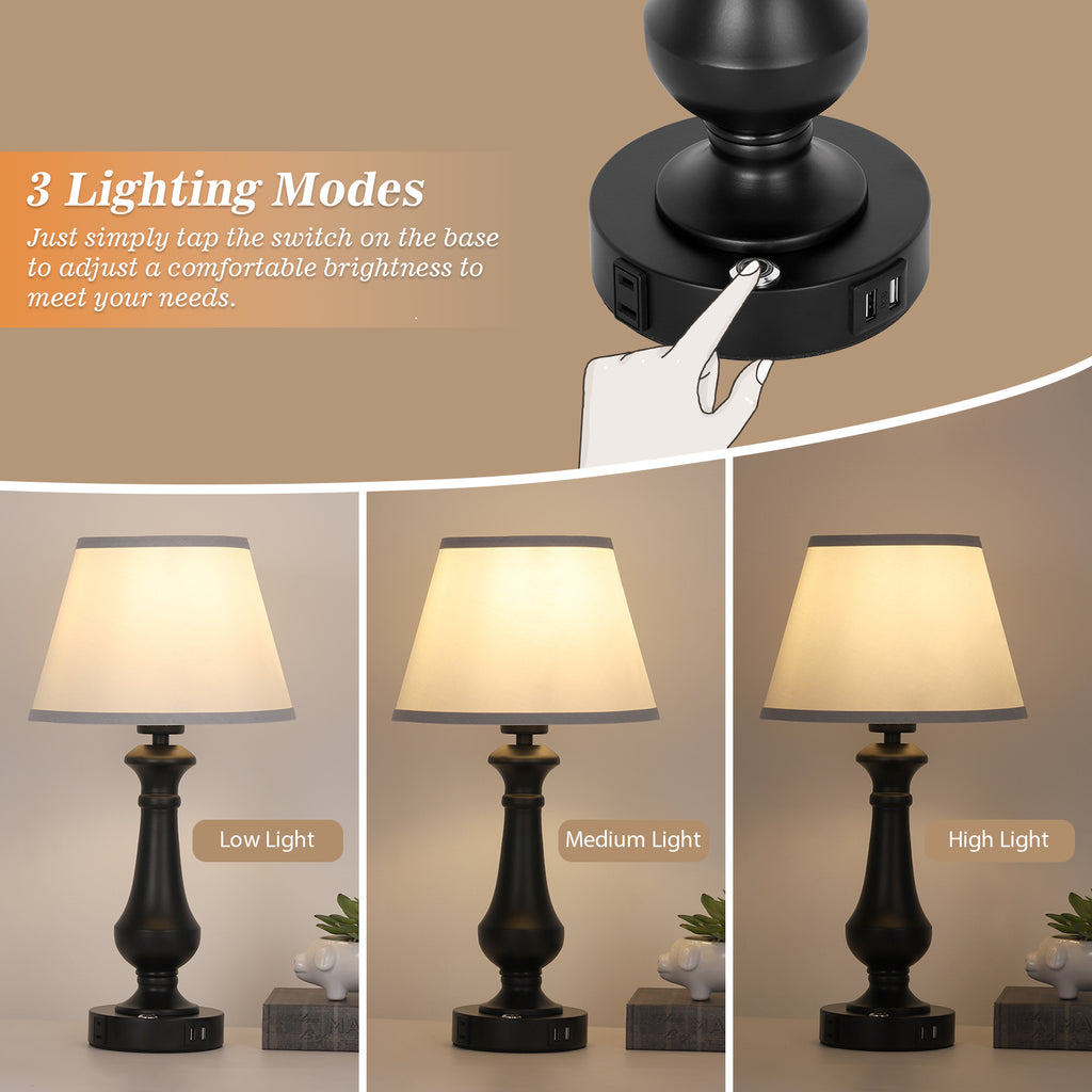 19" Small Table Lamp for Bedroom - Bedside Lamps with USB Ports & AC Outlet for Nightstand, Touch Control Black Table Lamp for Living Room with Fabric Shade, Desk Reading Lamp for Living Room Office Dorm, Set of 2