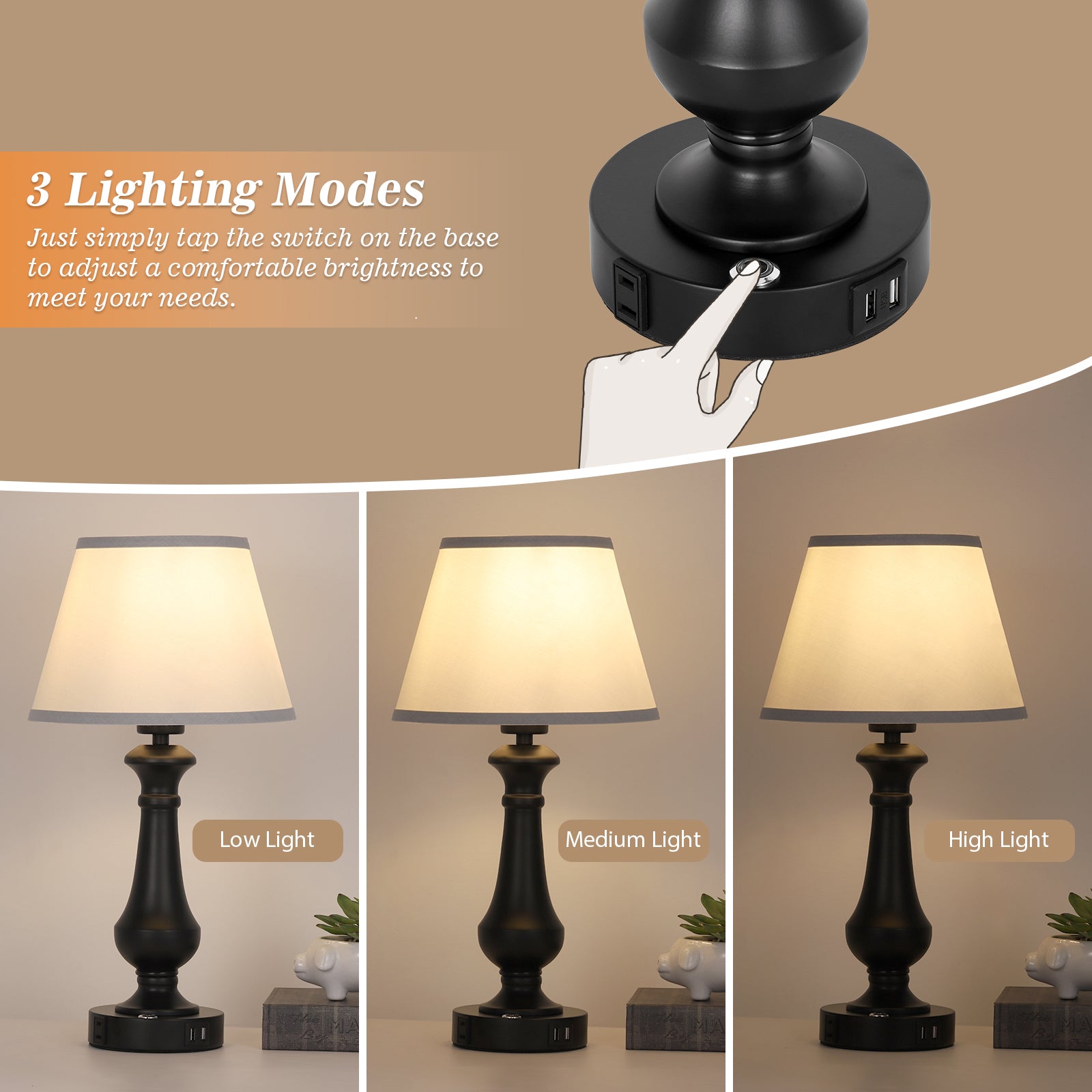 19" Small Table Lamp for Bedroom - Bedside Lamps with USB Ports & AC Outlet for Nightstand, Touch Control Black Table Lamp for Living Room with Fabric Shade, Desk Reading Lamp for Living Room Office Dorm, Set of 2
