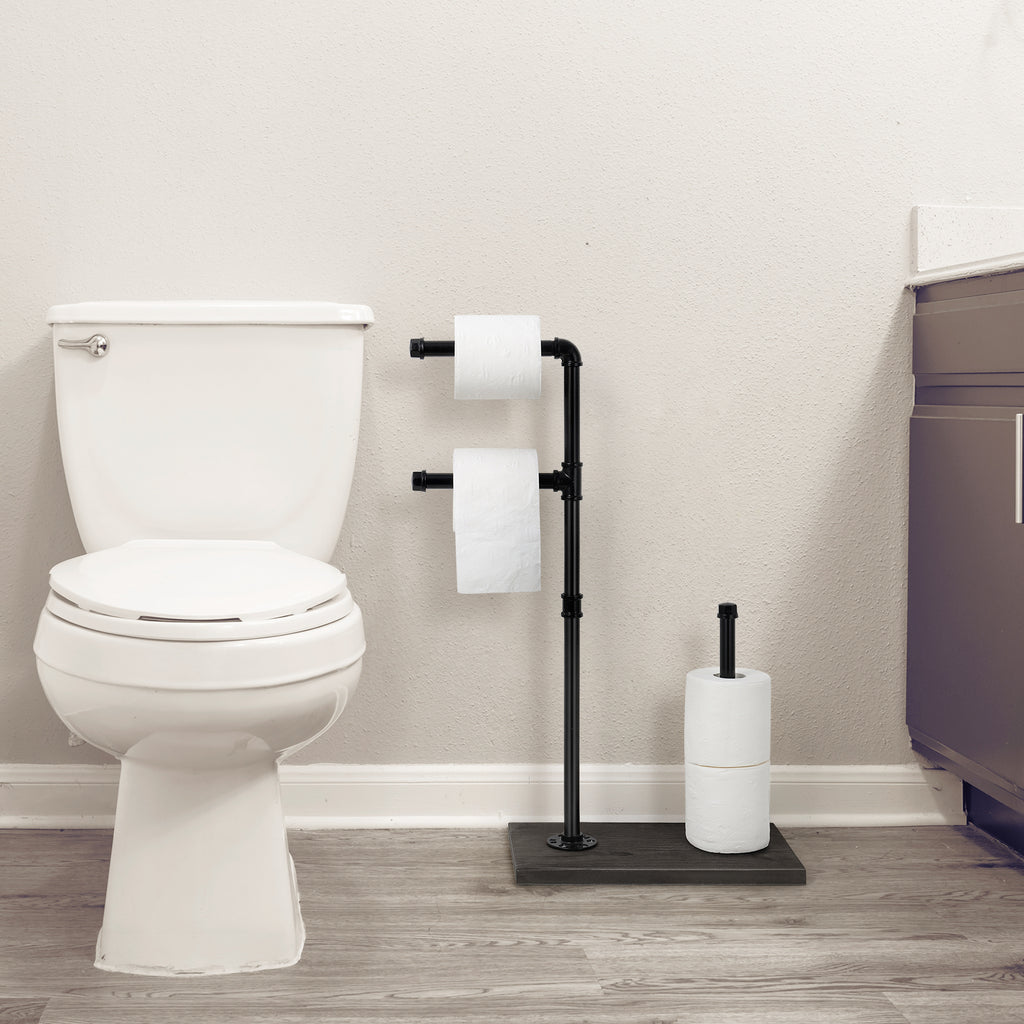 Independent Floor-Standing Industrial Iron Pipe Restroom Tissue Dispenser for Bathroom and Guest Spaces, Matte Black Finish