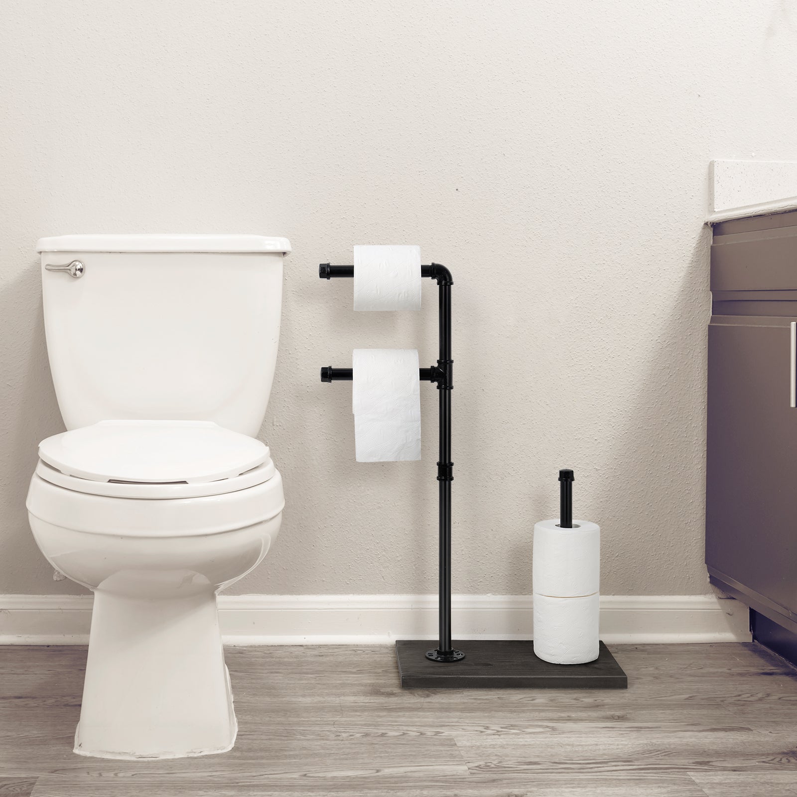 Independent Floor-Standing Industrial Iron Pipe Restroom Tissue Dispenser for Bathroom and Guest Spaces, Matte Black Finish